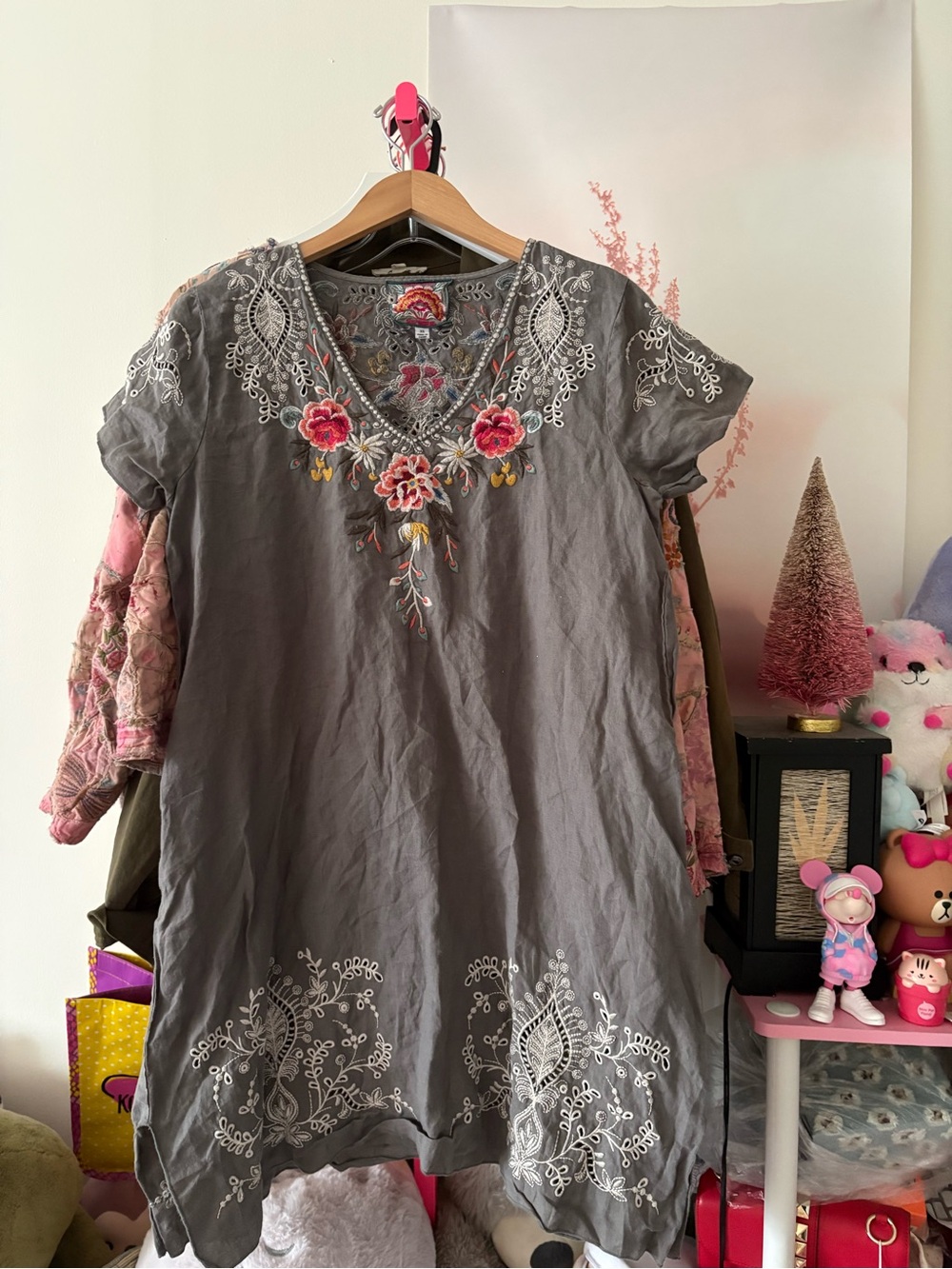 Johnny Was Charcoal Gray Floral Embroidered Mini Dress - Picture 3 of 5